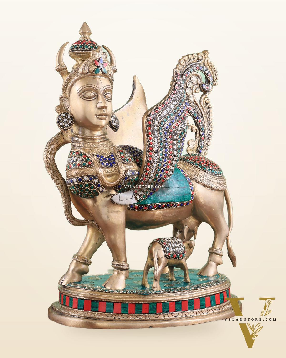 Exquisite Brass Kamdhenu Cow with calf Statue | 16.5" glossy