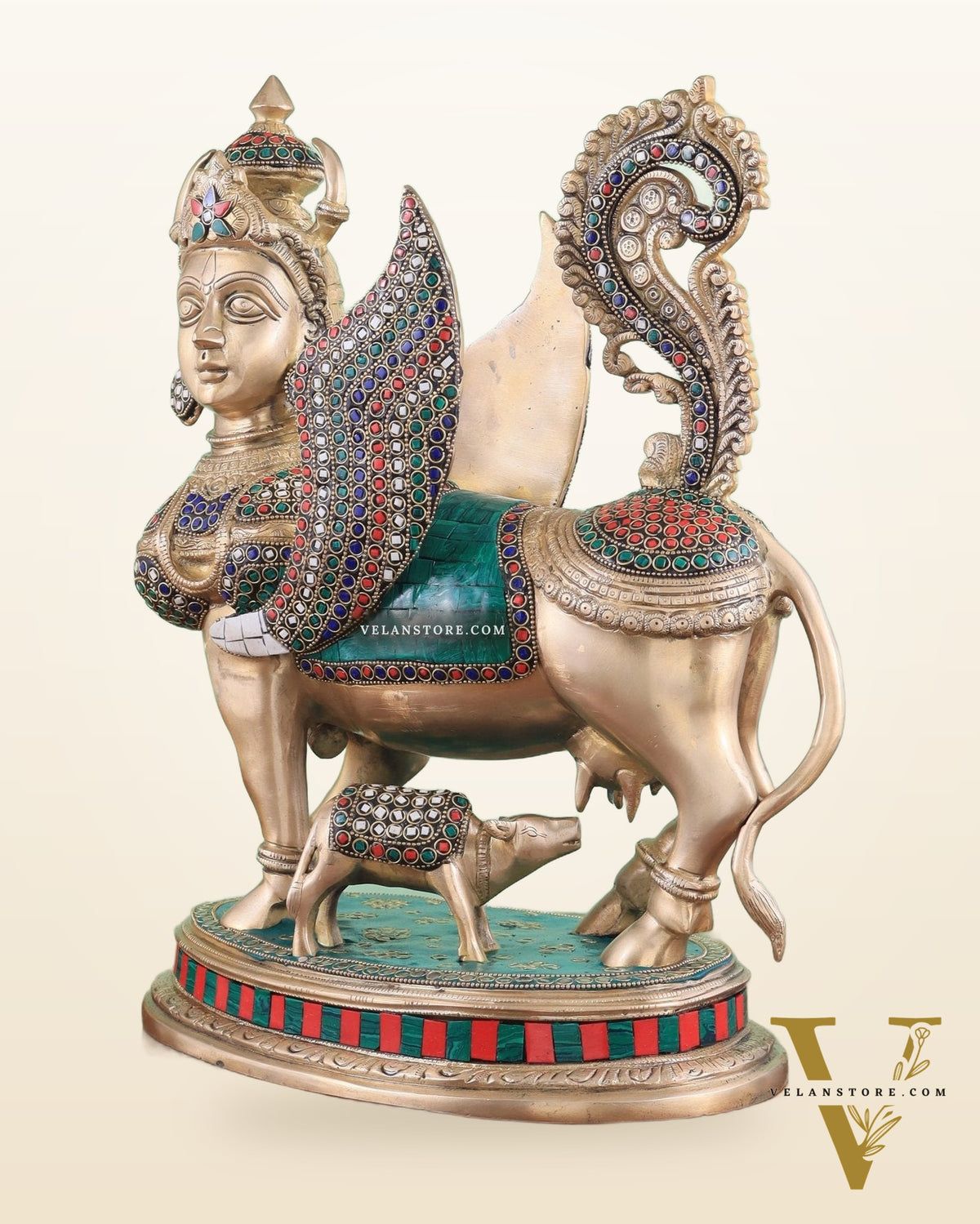 Exquisite Brass Kamdhenu Cow with calf Statue | 16.5" glossy