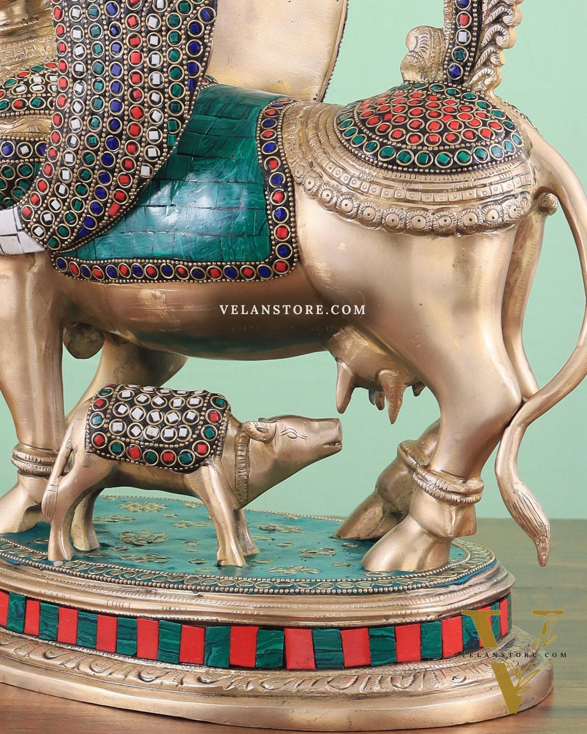 Exquisite Brass Kamdhenu Cow with calf Statue | 16.5" glossy