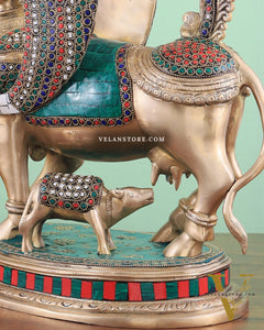 Exquisite Brass Kamdhenu Cow with calf Statue | 16.5" glossy