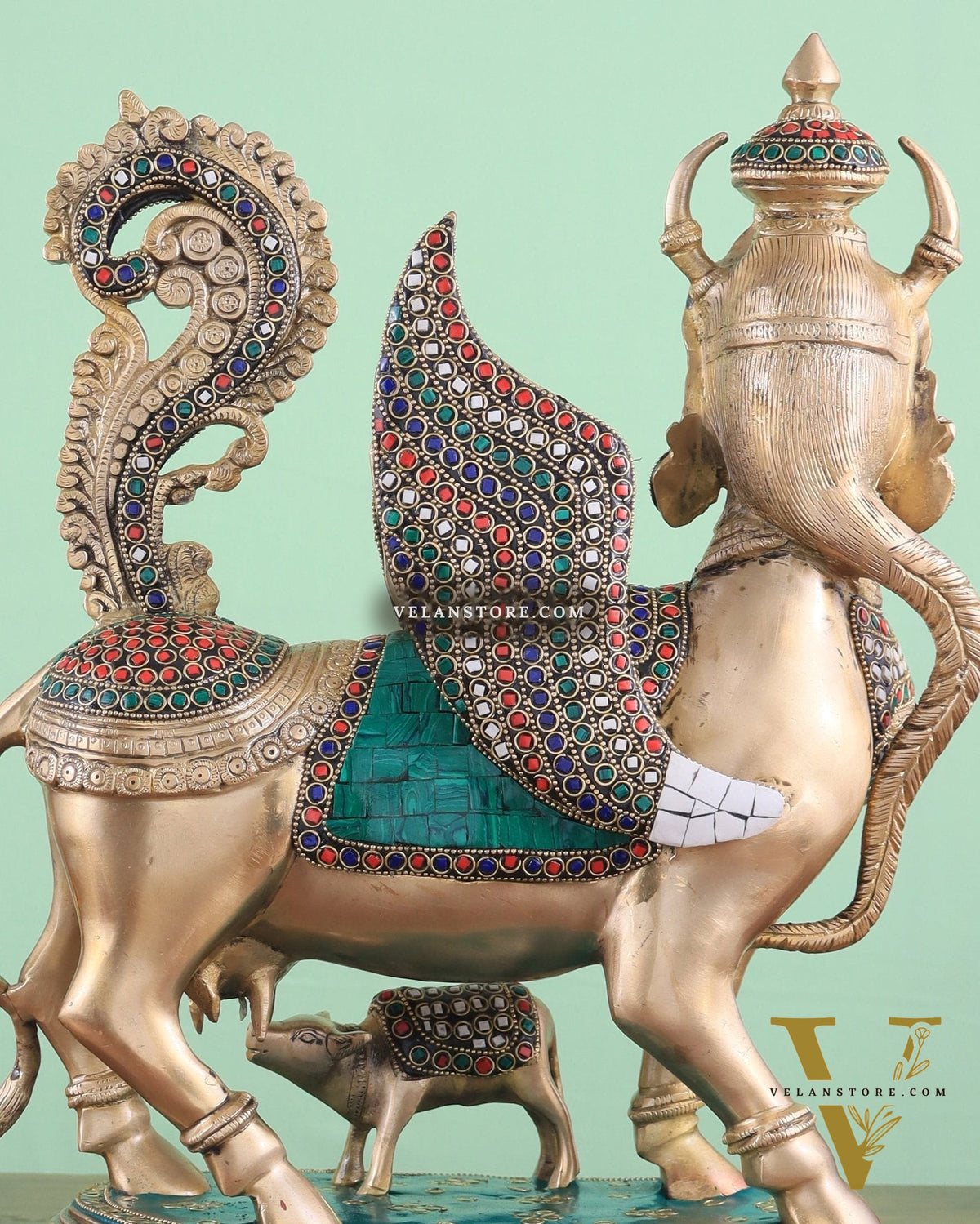 Exquisite Brass Kamdhenu Cow with calf Statue | 16.5" glossy