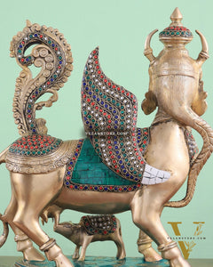 Exquisite Brass Kamdhenu Cow with calf Statue | 16.5" glossy