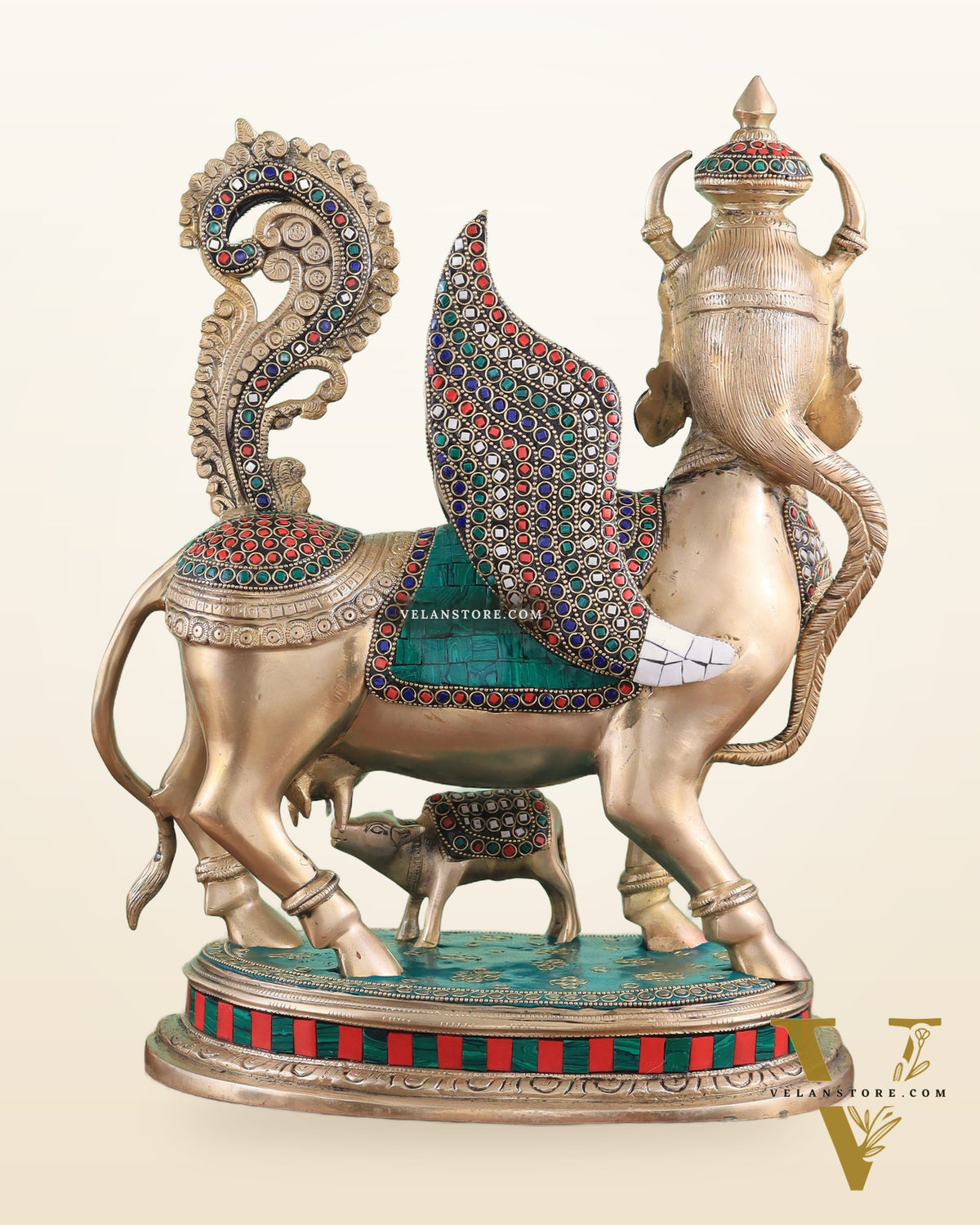 Exquisite Brass Kamdhenu Cow with calf Statue | 16.5" glossy