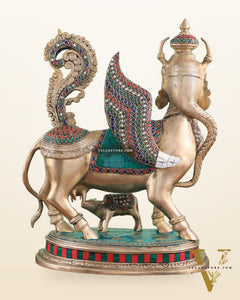 Exquisite Brass Kamdhenu Cow with calf Statue | 16.5" glossy