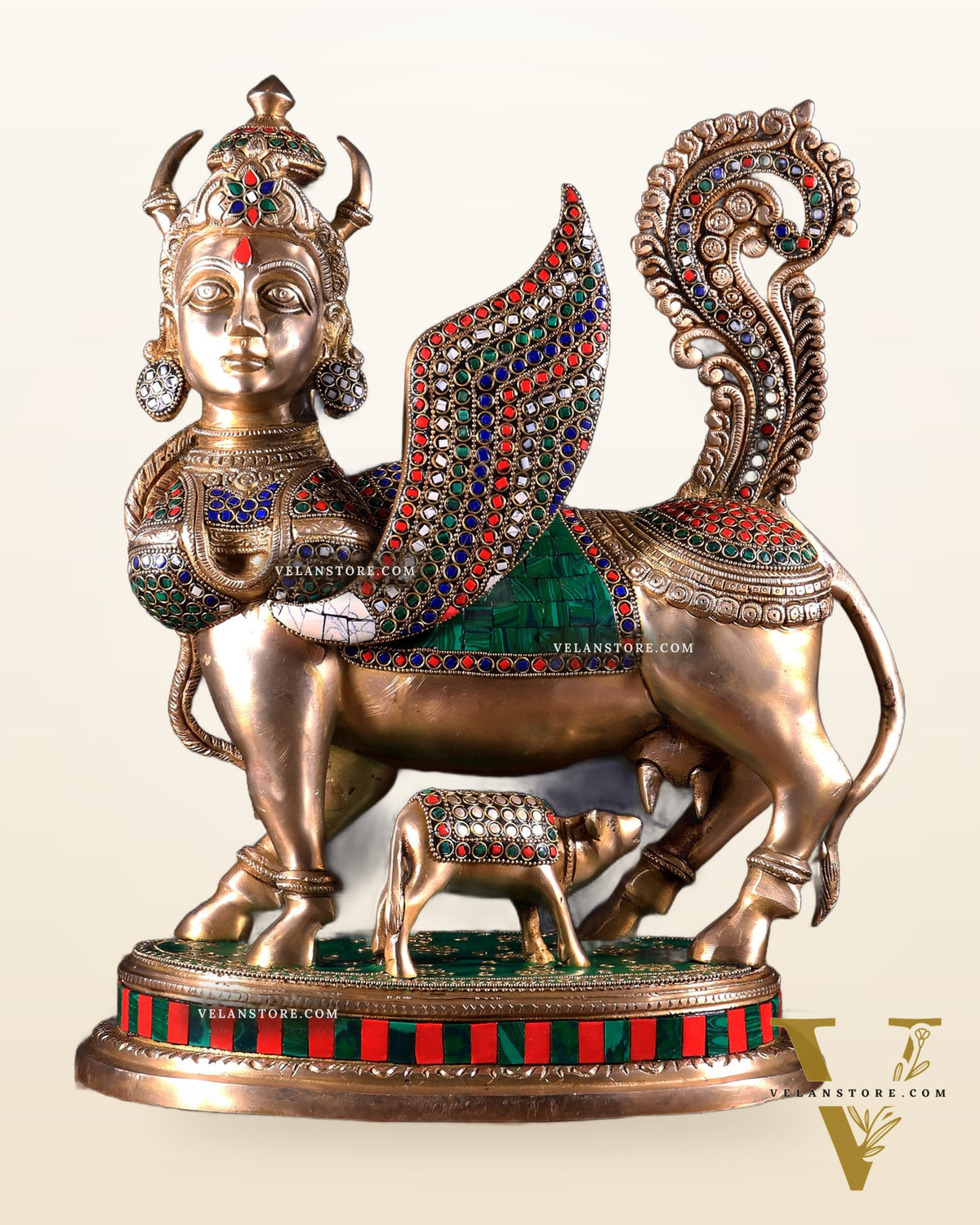 Exquisite Brass Kamdhenu Cow with calf Statue | 16.5" meenakari Stonework
