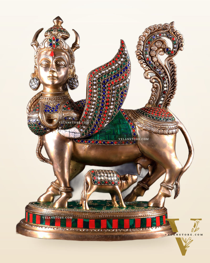 Exquisite Brass Kamdhenu Cow with calf Statue | 16.5" meenakari Stonework