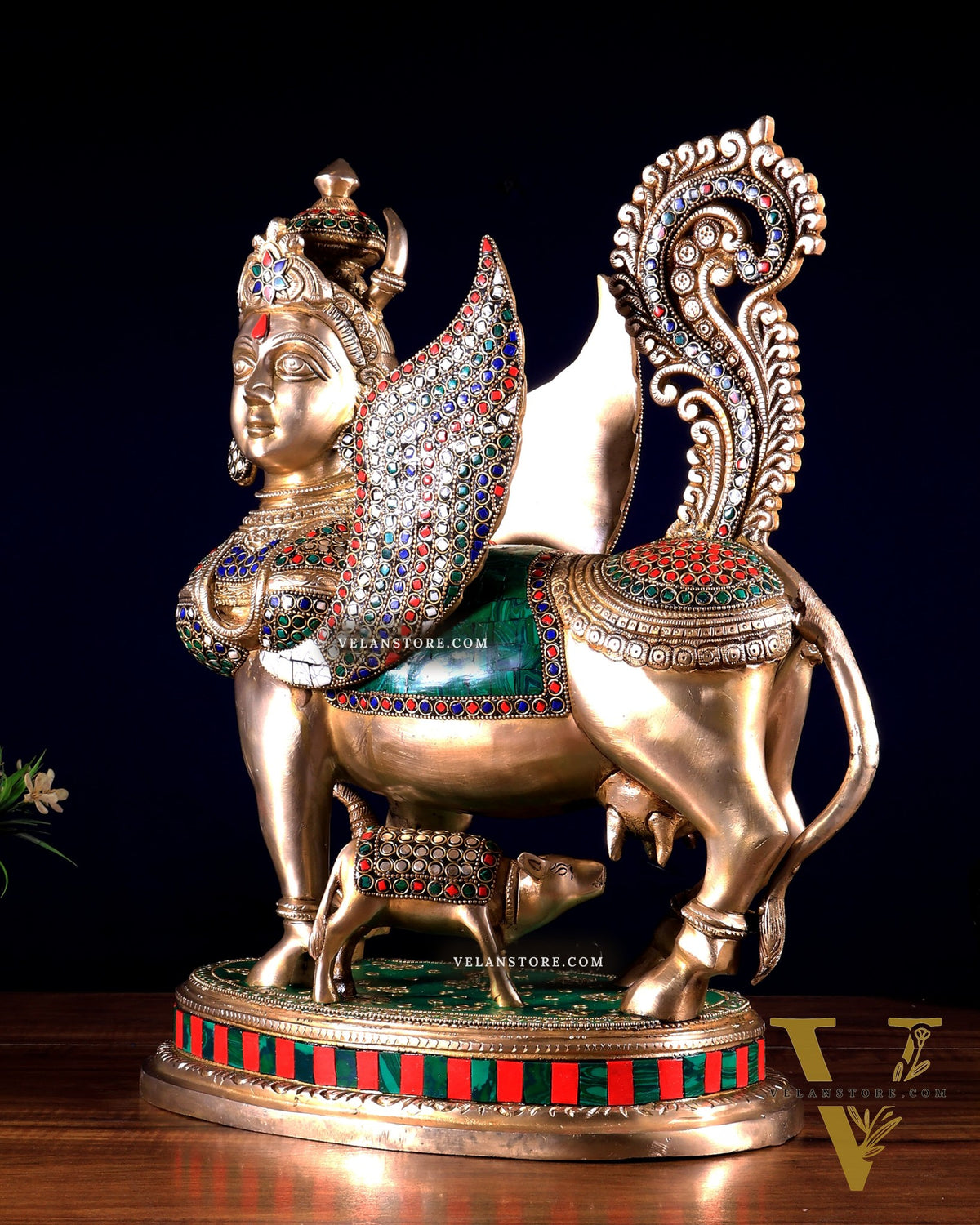 Exquisite Brass Kamdhenu Cow with calf Statue | 16.5" meenakari Stonework