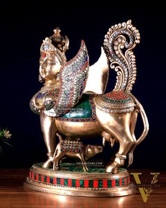 Exquisite Brass Kamdhenu Cow with calf Statue | 16.5" meenakari Stonework
