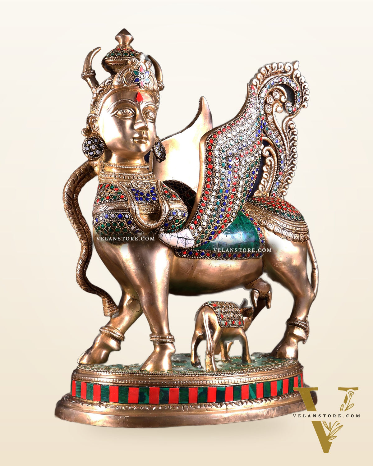 Exquisite Brass Kamdhenu Cow with calf Statue | 16.5" meenakari Stonework