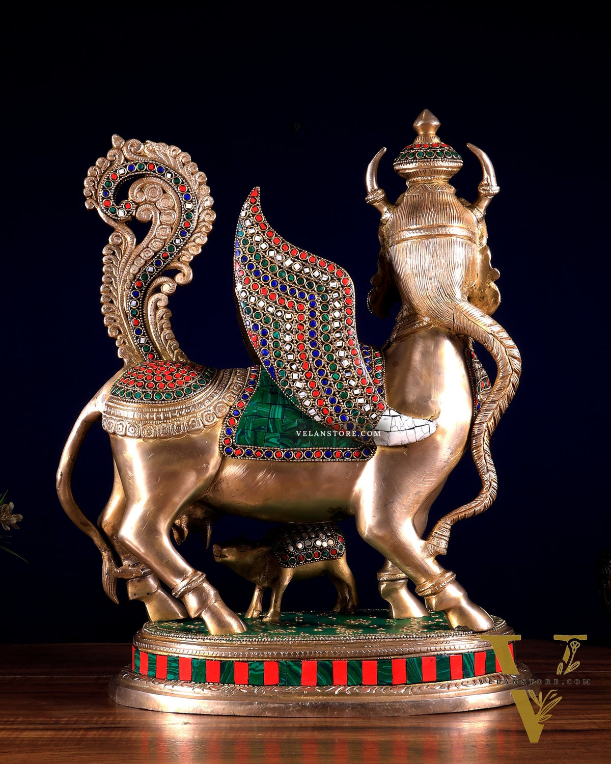 Exquisite Brass Kamdhenu Cow with calf Statue | 16.5" meenakari Stonework