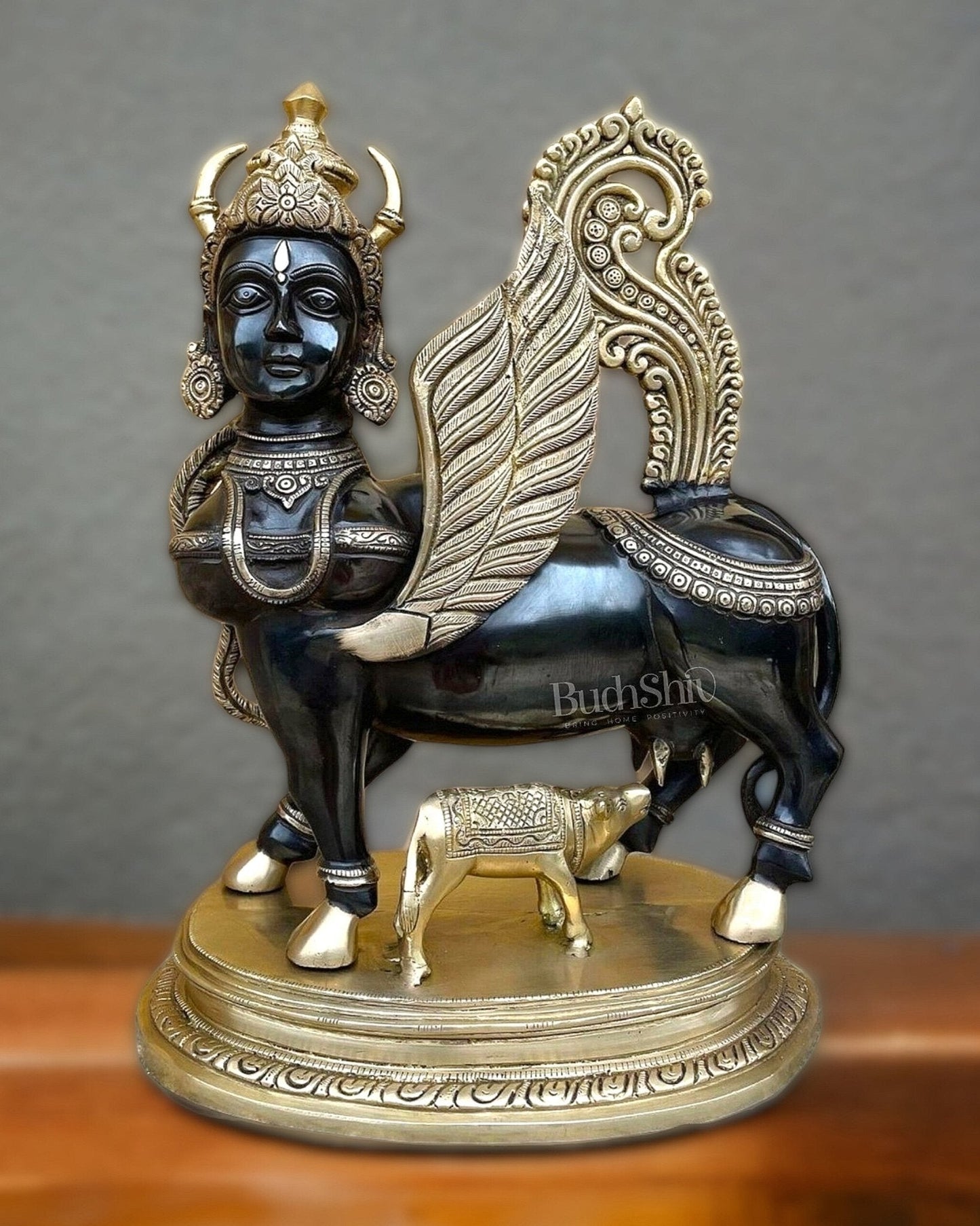 Exquisite Brass Kamdhenu Cow with calf Statue | 16.5" Tall |