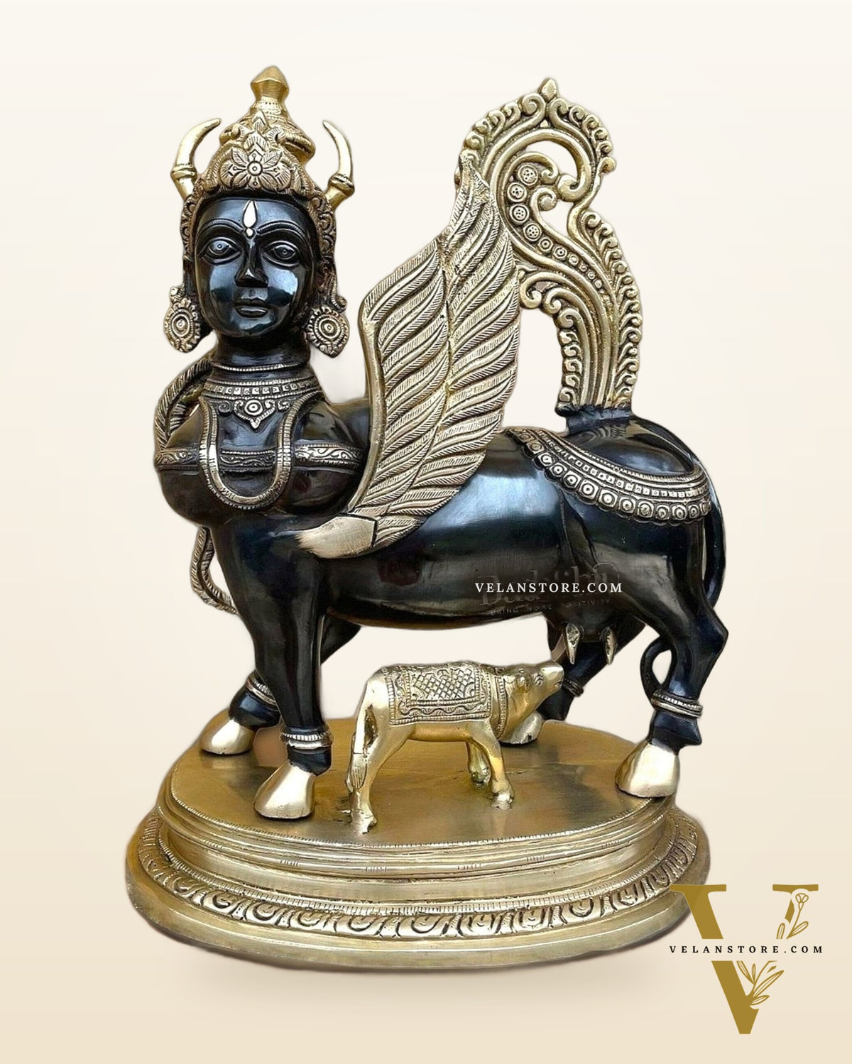 Exquisite Brass Kamdhenu Cow with calf Statue | 16.5" Tall |