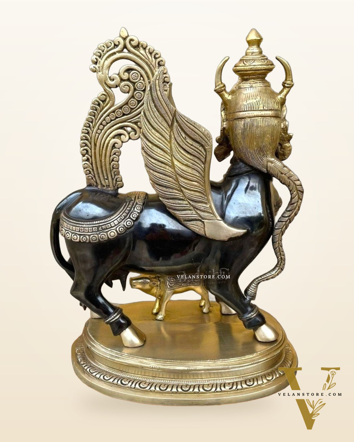 Exquisite Brass Kamdhenu Cow with calf Statue | 16.5" Tall |