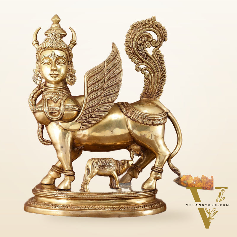 Exquisite Brass Kamdhenu Cow with calf  Statue | 16.5"