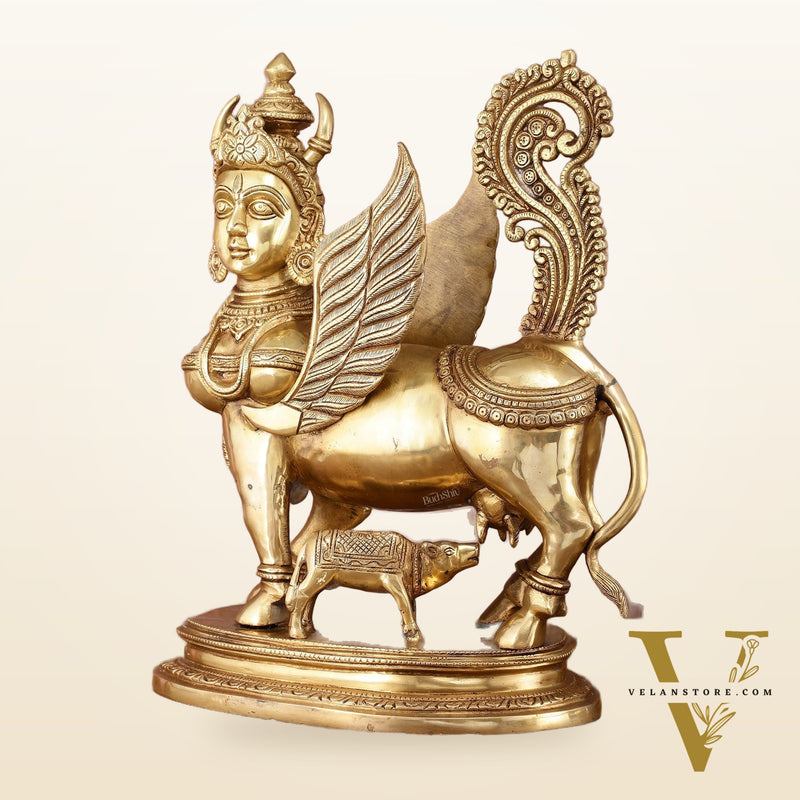 Exquisite Brass Kamdhenu Cow with calf  Statue | 16.5"