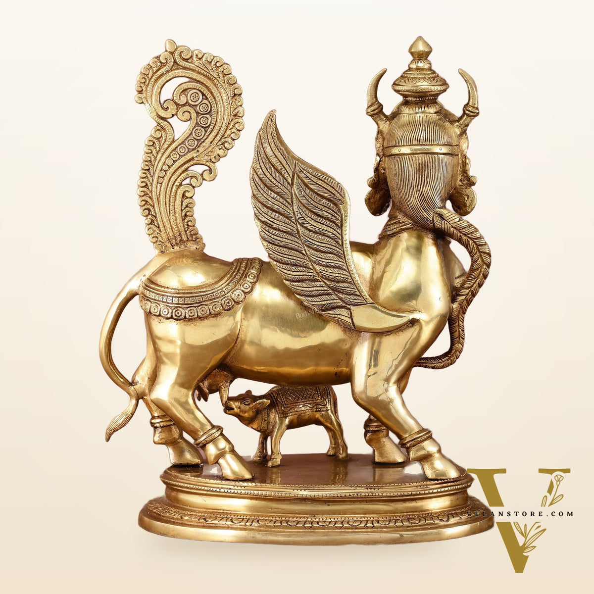 Exquisite Brass Kamdhenu Cow with calf  Statue | 16.5"