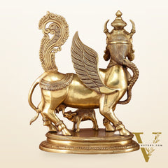 Exquisite Brass Kamdhenu Cow with calf  Statue | 16.5"