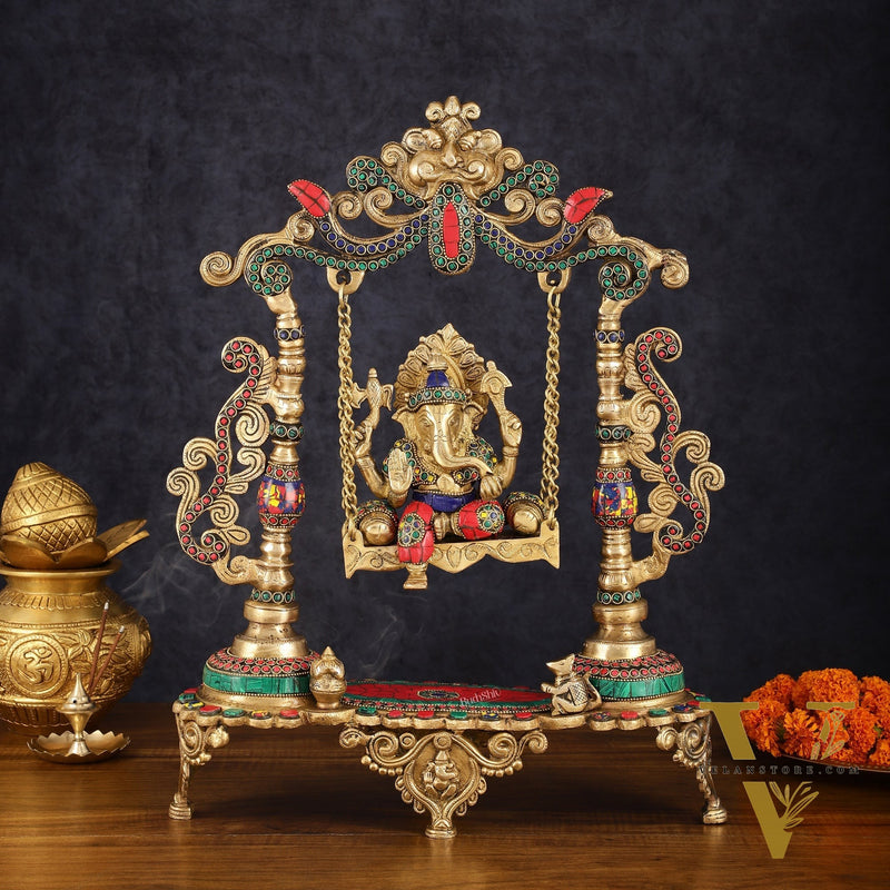 Exquisite Brass Kirtimukha Ganesha on a Swing with Stonework, 20" Height