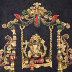 Exquisite Brass Kirtimukha Ganesha on a Swing with Stonework, 20" Height