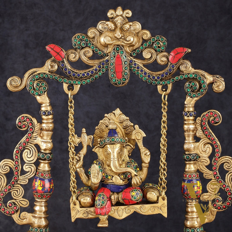 Exquisite Brass Kirtimukha Ganesha on a Swing with Stonework, 20" Height