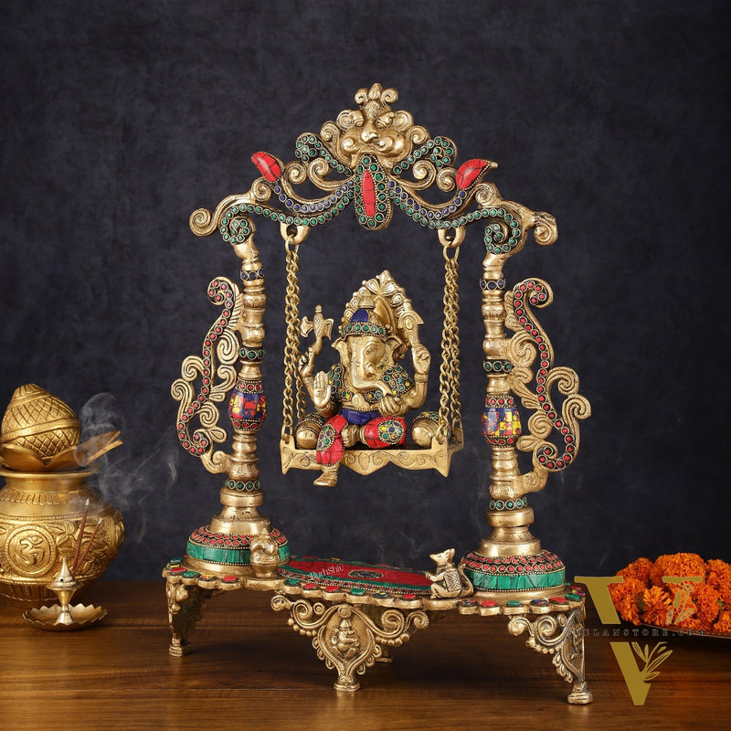 Exquisite Brass Kirtimukha Ganesha on a Swing with Stonework, 20" Height