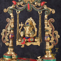 Exquisite Brass Kirtimukha Ganesha on a Swing with Stonework, 20" Height