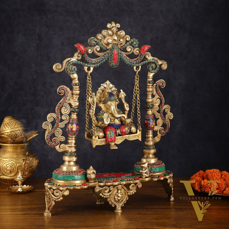 Exquisite Brass Kirtimukha Ganesha on a Swing with Stonework, 20" Height