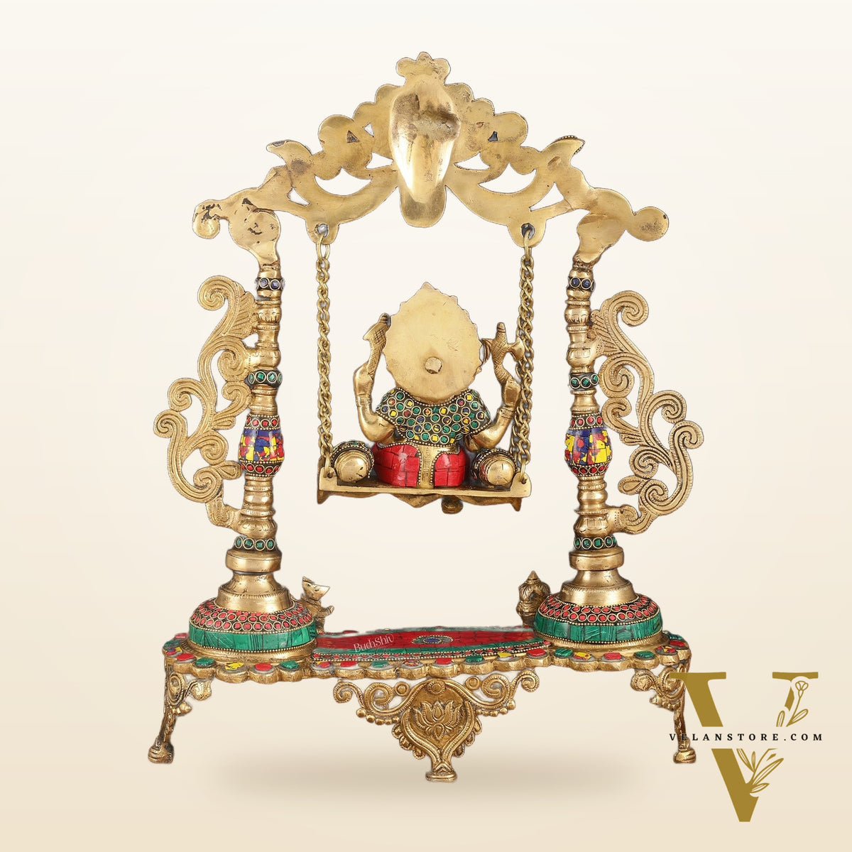 Exquisite Brass Kirtimukha Ganesha on a Swing with Stonework, 20" Height
