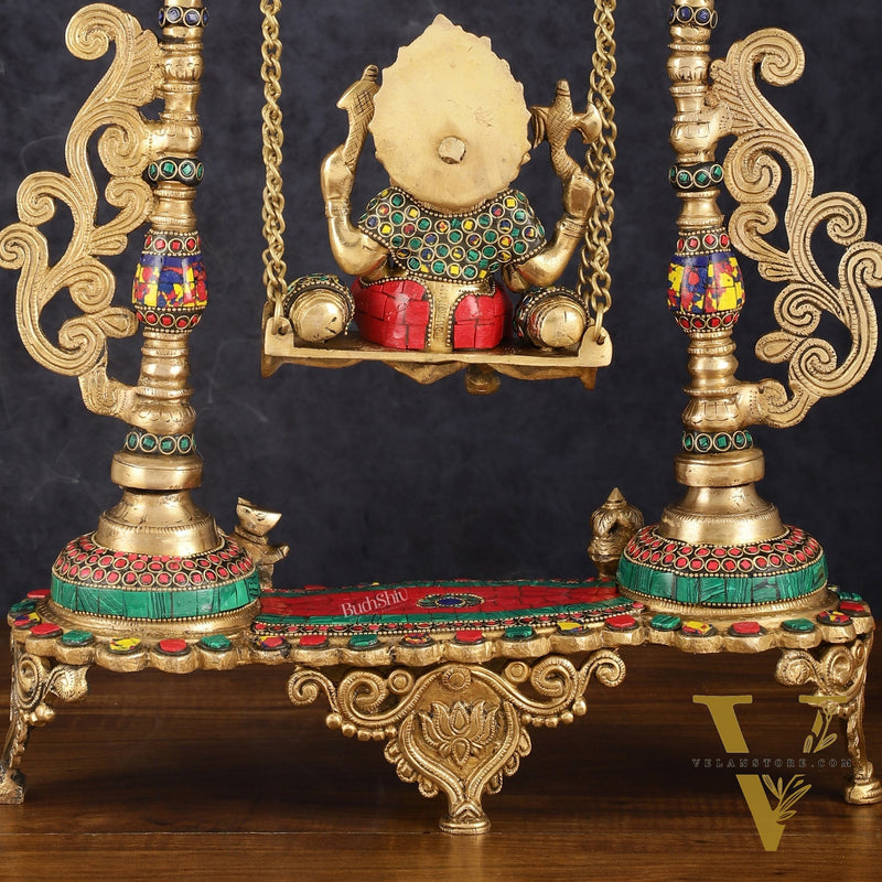 Exquisite Brass Kirtimukha Ganesha on a Swing with Stonework, 20" Height