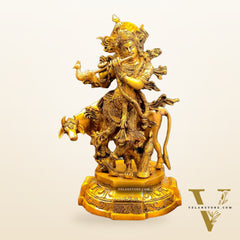 Exquisite Brass Krishna with Cow Idol | 12" Hindu Deity Sculpture