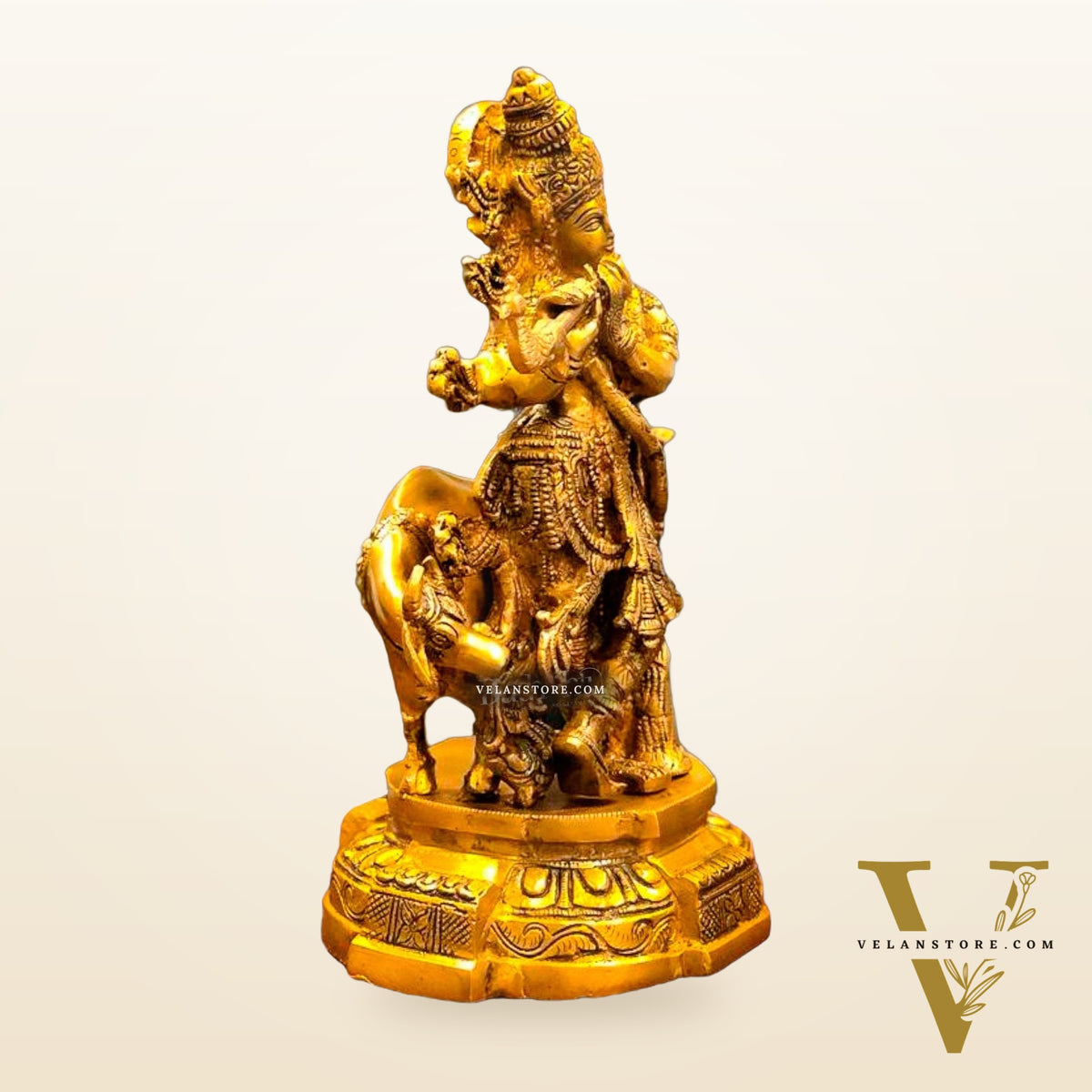 Exquisite Brass Krishna with Cow Idol | 12" Hindu Deity Sculpture