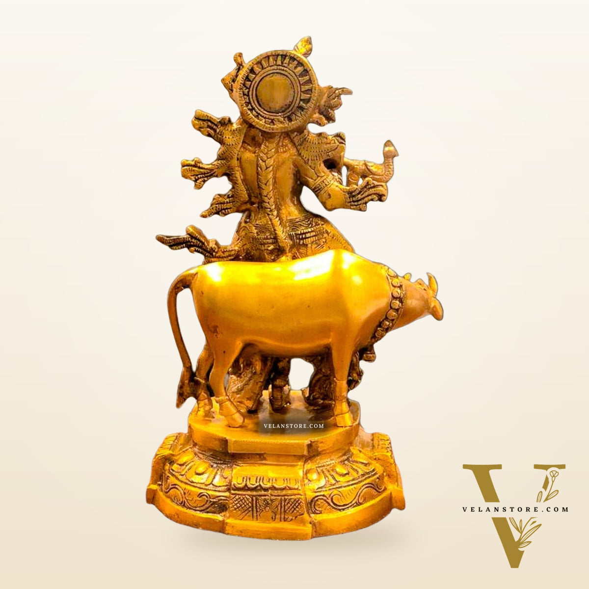 Exquisite Brass Krishna with Cow Idol | 12" Hindu Deity Sculpture