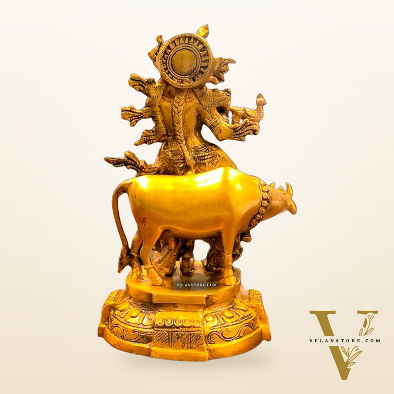 Exquisite Brass Krishna with Cow Idol | 12" Hindu Deity Sculpture