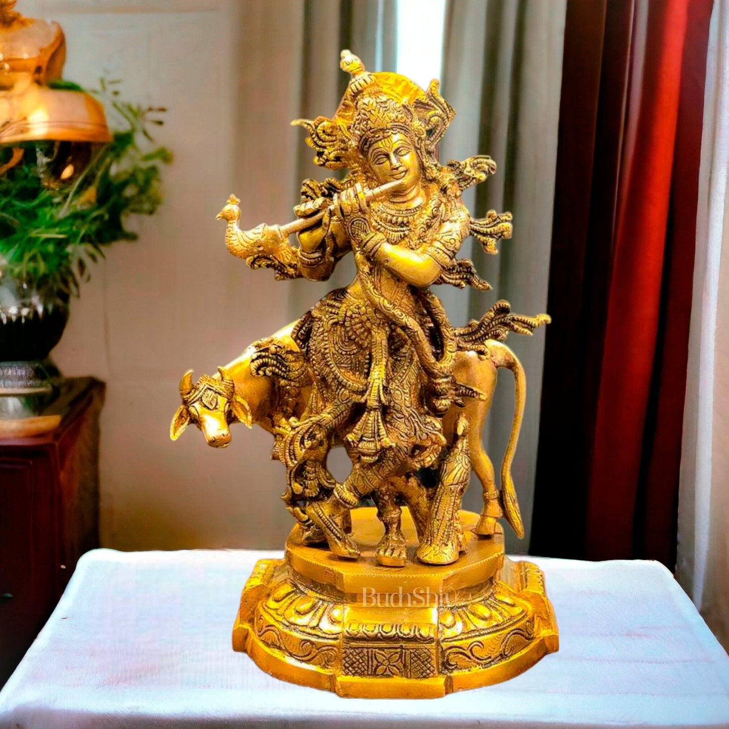 Exquisite Brass Krishna with Cow Idol | 12" Hindu Deity Sculpture
