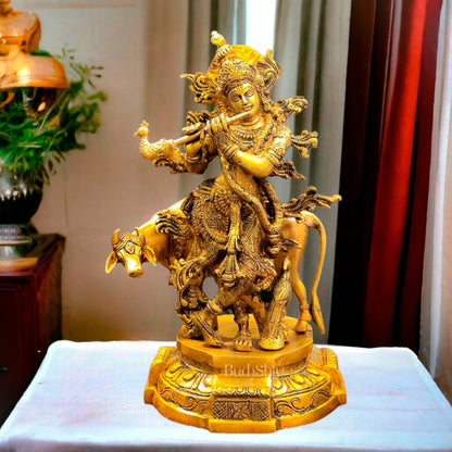 Exquisite Brass Krishna with Cow Idol | 12" Hindu Deity Sculpture