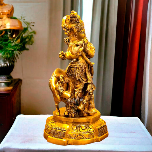 Exquisite Brass Krishna with Cow Idol | 12" Hindu Deity Sculpture