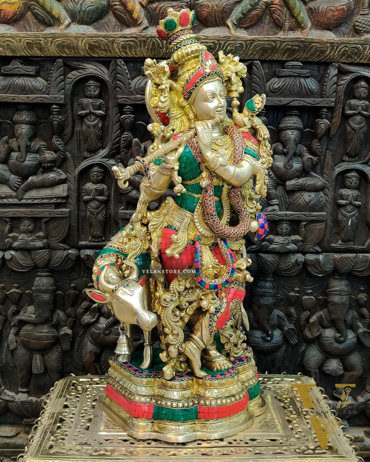 Exquisite Brass Krishna with Cow Idol - 26.5"