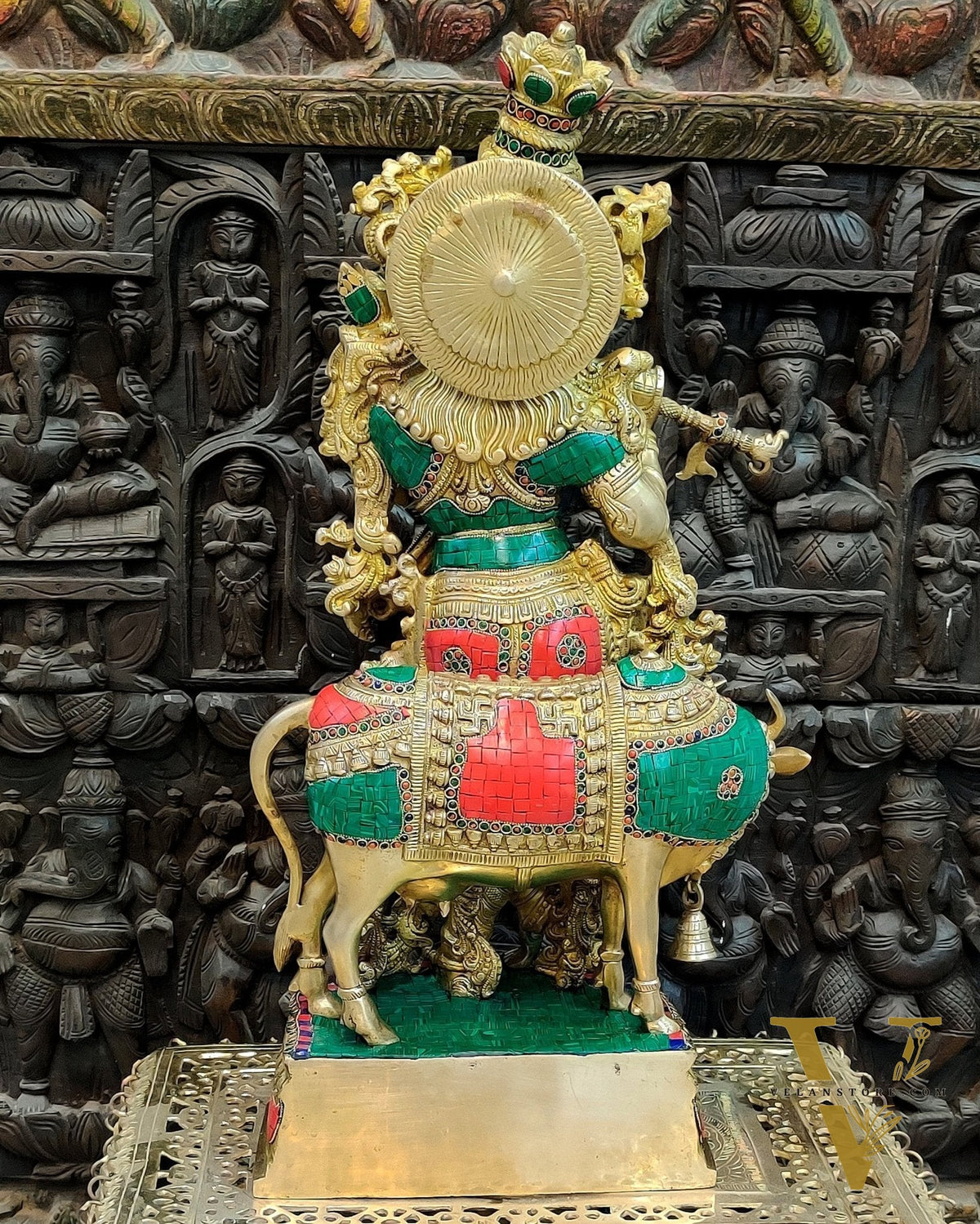 Exquisite Brass Krishna with Cow Idol - 26.5"