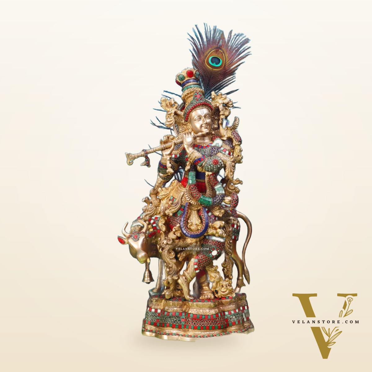 Exquisite Brass Krishna with Cow Idol - Meenakari, 26.5" Tall, 26kg