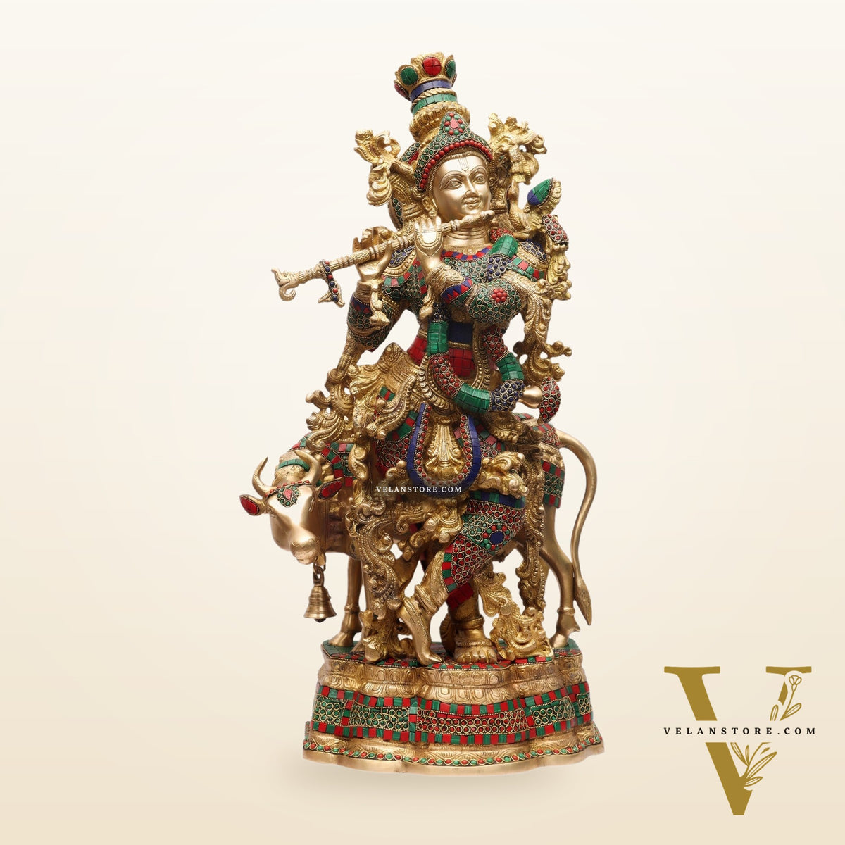 Exquisite Brass Krishna with Cow Idol - Meenakari, 26.5" Tall, 26kg