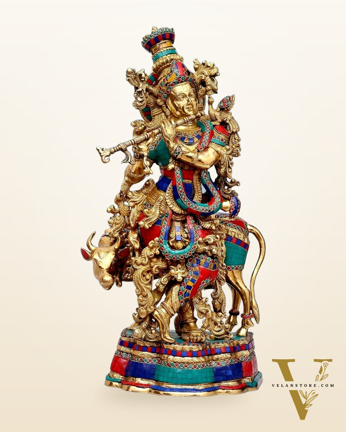 Exquisite Brass Krishna with Cow Idol - Meenakari Ring and Stonework, 26.5" Tall, 26kg