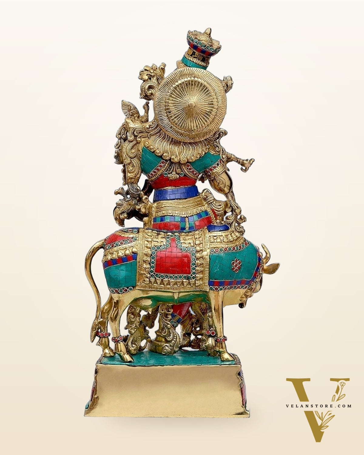 Exquisite Brass Krishna with Cow Idol - Meenakari Ring and Stonework, 26.5" Tall, 26kg