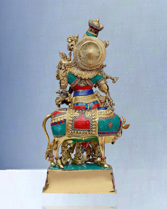 Exquisite Brass Krishna with Cow Idol - Meenakari Ring and Stonework, 26.5" Tall, 26kg
