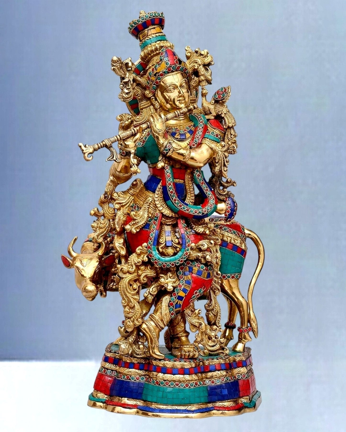 Exquisite Brass Krishna with Cow Idol - Meenakari Ring and Stonework, 26.5" Tall, 26kg