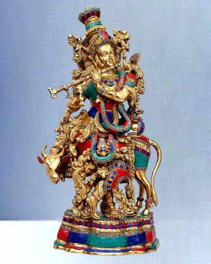 Exquisite Brass Krishna with Cow Idol - Meenakari Ring and Stonework, 26.5" Tall, 26kg