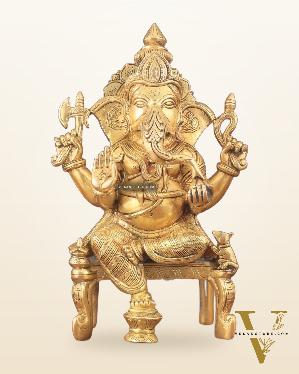Exquisite Brass Lord Ganesha Seated on Throne Statue - 12" Tall