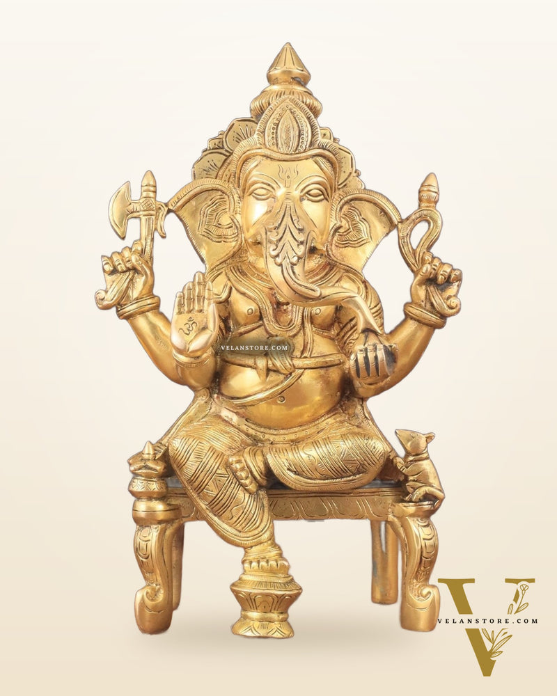 Exquisite Brass Lord Ganesha Seated on Throne Statue - 12" Tall