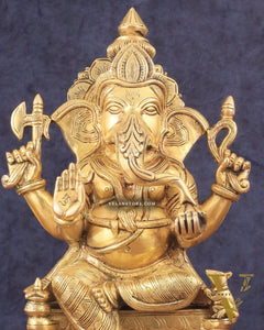 Exquisite Brass Lord Ganesha Seated on Throne Statue - 12" Tall