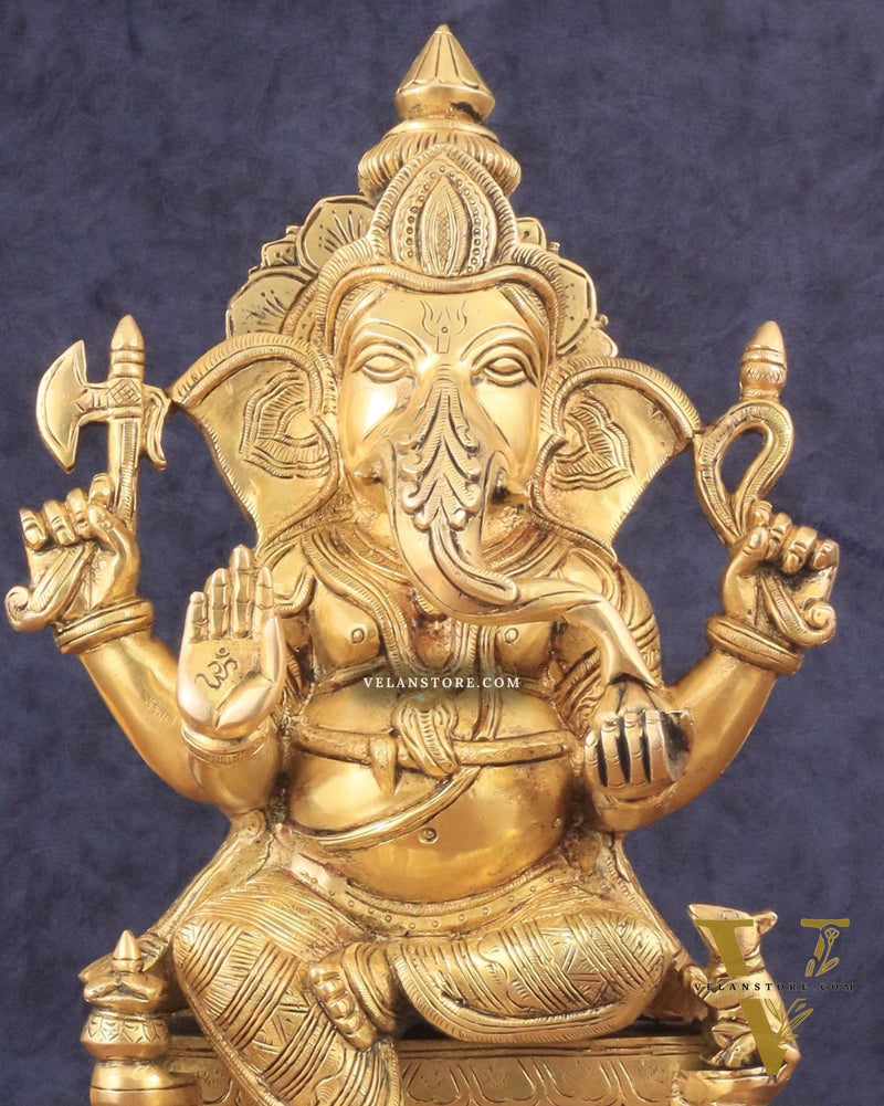 Exquisite Brass Lord Ganesha Seated on Throne Statue - 12" Tall