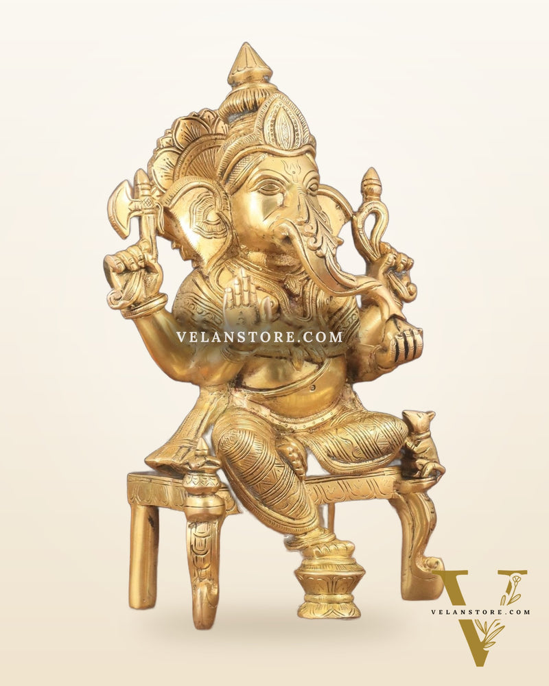 Exquisite Brass Lord Ganesha Seated on Throne Statue - 12" Tall